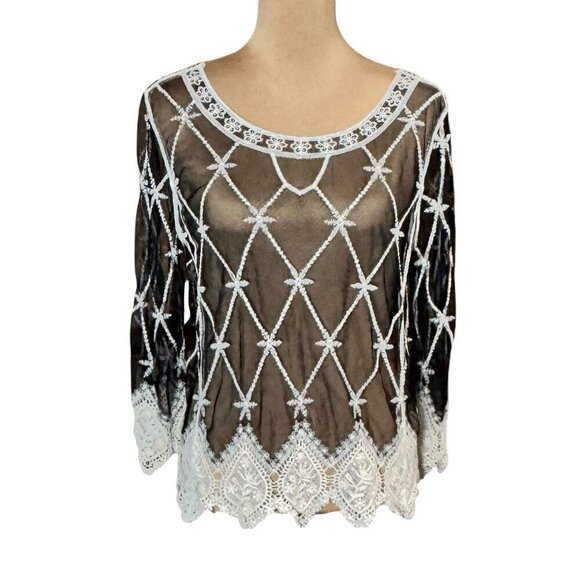 Whimsigoth Top Sz.L Black Mesh Embroidered Sheer Dark Romantic Witchy Goth - Picture 2 of 12